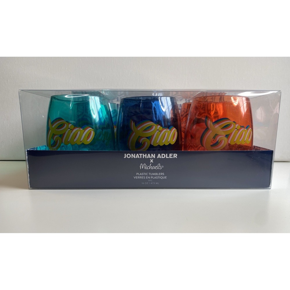 Jonathan Adler 6pc Plastic Stemless Wine Glasses "Ciao" & "Bonjour" Multicolored